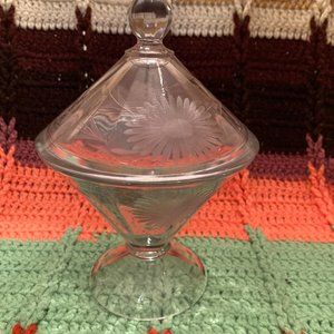 Daisy Etched Clear Lidded Pedestal Depression Glass Canister Display
